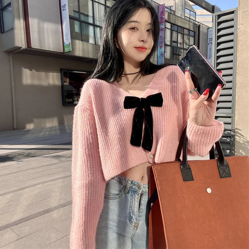 Autumn Sweet Bow Knitted Cardigan Women V-neck Long Sleeve Casual Loose Knitwear