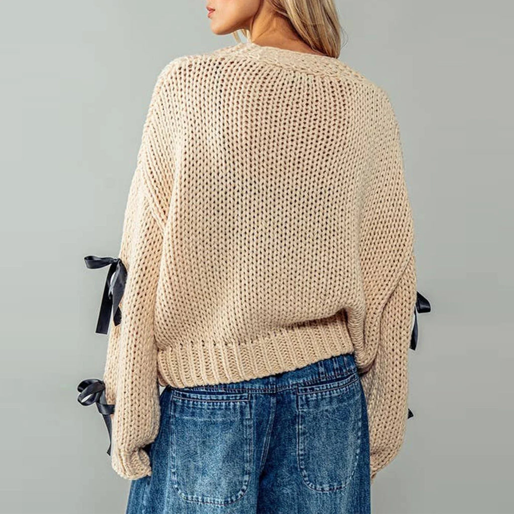 hirigin Women's Y2k Bow Trim Cardigan Sweaters Long Sleeve Button Down Cable Knit Jacket Oversized Pullover Coats Knitwear