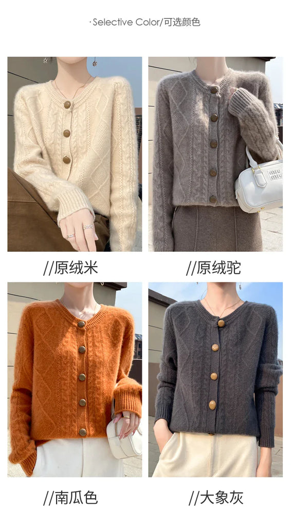 Autumn Winter New Thick Sweater For Women 100% Merino Wool Cardigan O-Neck Long Sleeve Twist Flower Warm Cashmere Knitwear Tops