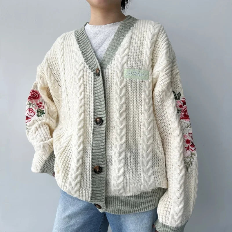 Beige V-neck Embroidery Knitted Cardigan Sweater Women Flower All-match Warm Women's Clothing Winter Single Breasted Cardigans