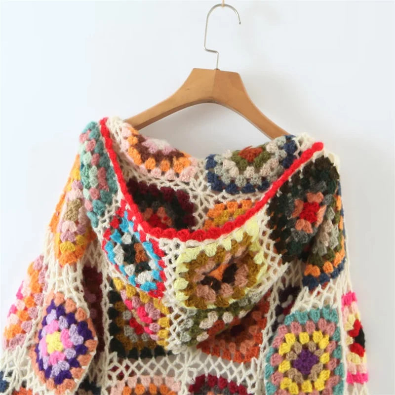 KEYANKETIAN Autumn New Hollowed-Out Hook Floral Color Knit Cardigan Ladies Bohemian Style Loose Handmade Sweater Top Fresh