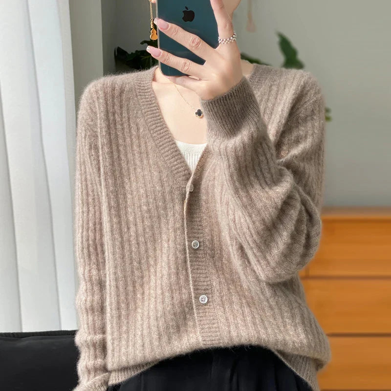 Women's V-Neck 100% Wool Cashmere Cardigan Women's Knit Sweater Spring and Autumn Super Soft Loose Large Size Long Sleeve Shirt