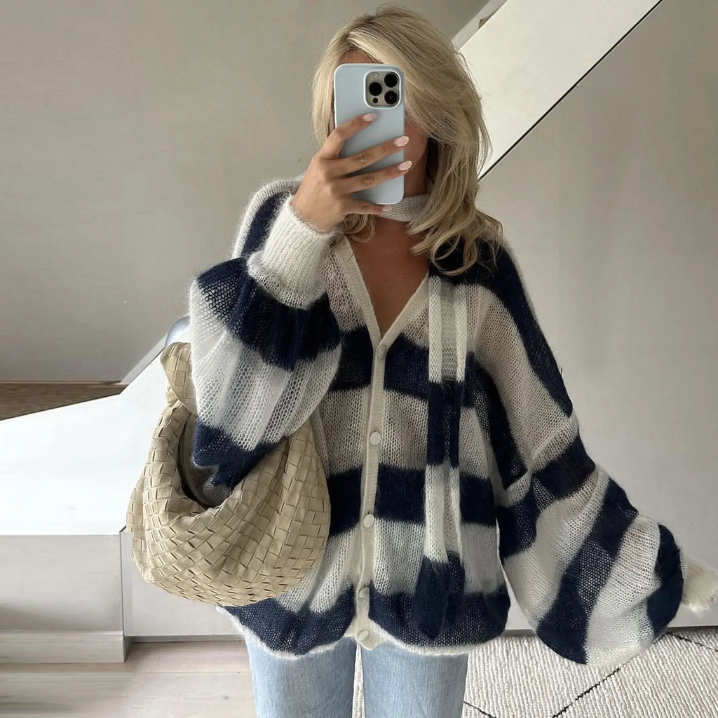 Fantoye Knit Striped Two Piece Sets Cardigan Women Sweater With Scarf Long Sleeve Button Sweater Winter Loose Casual Streetwear