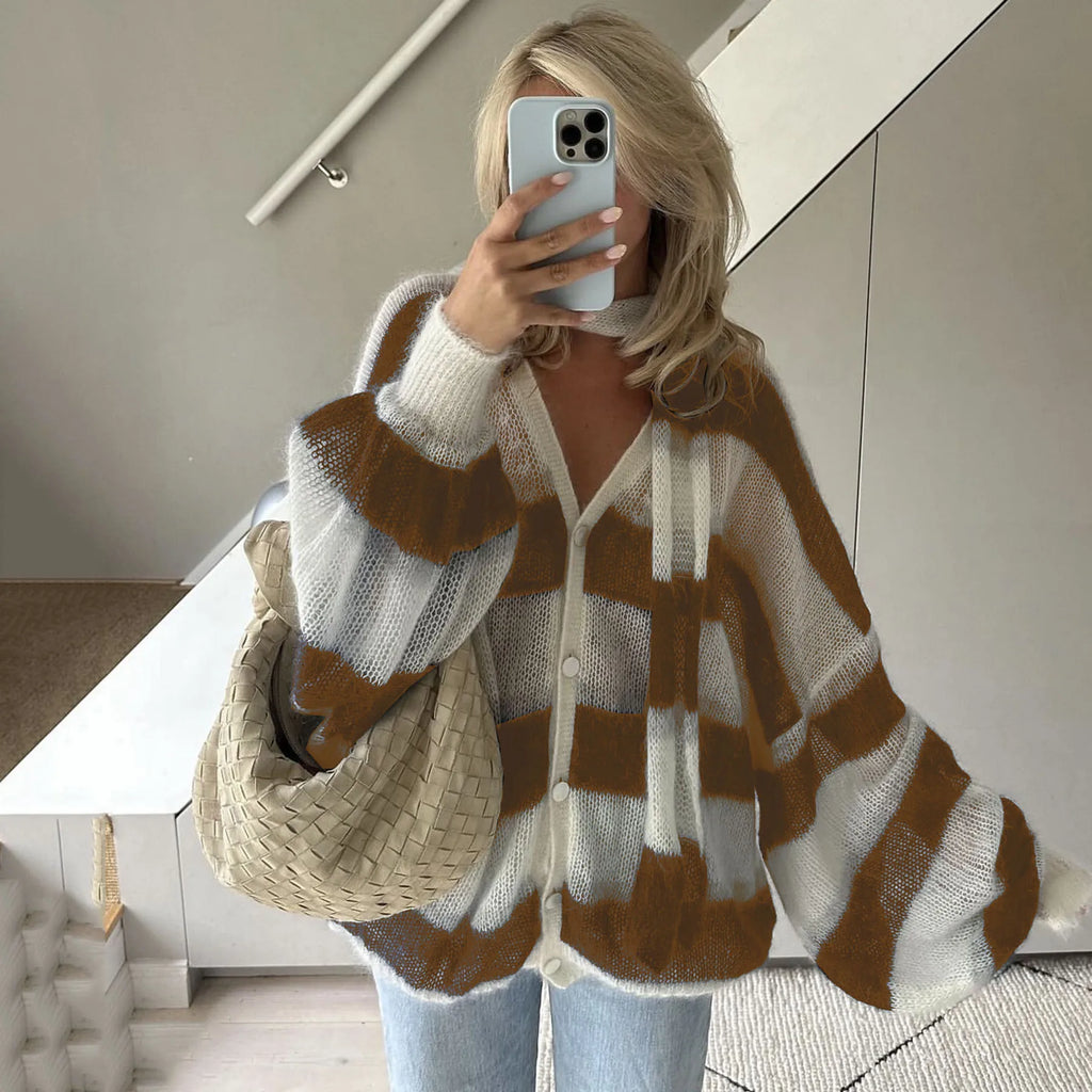 Fantoye Knit Striped Two Piece Sets Cardigan Women Sweater With Scarf Long Sleeve Button Sweater Winter Loose Casual Streetwear