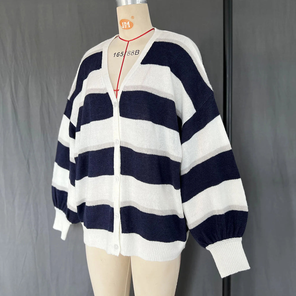 Fantoye Knit Striped Two Piece Sets Cardigan Women Sweater With Scarf Long Sleeve Button Sweater Winter Loose Casual Streetwear