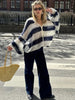 Fantoye Knit Striped Two Piece Sets Cardigan Women Sweater With Scarf Long Sleeve Button Sweater Winter Loose Casual Streetwear