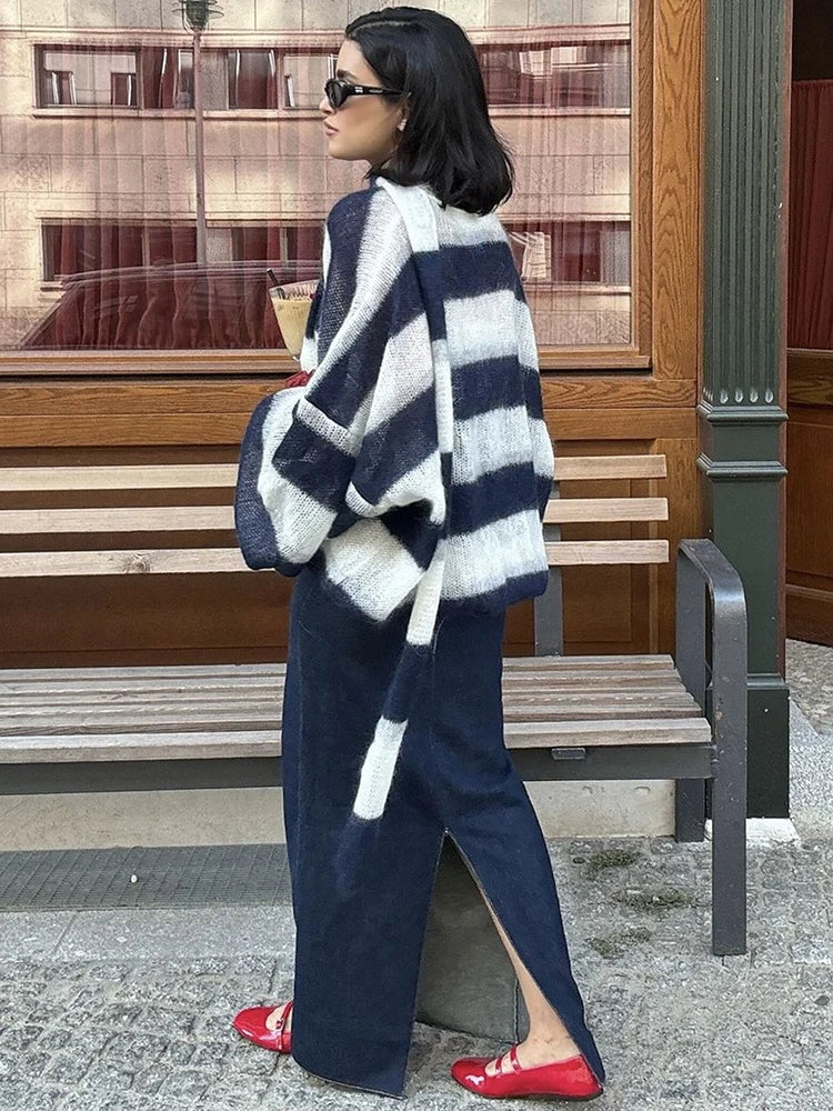 Fantoye Knit Striped Two Piece Sets Cardigan Women Sweater With Scarf Long Sleeve Button Sweater Winter Loose Casual Streetwear