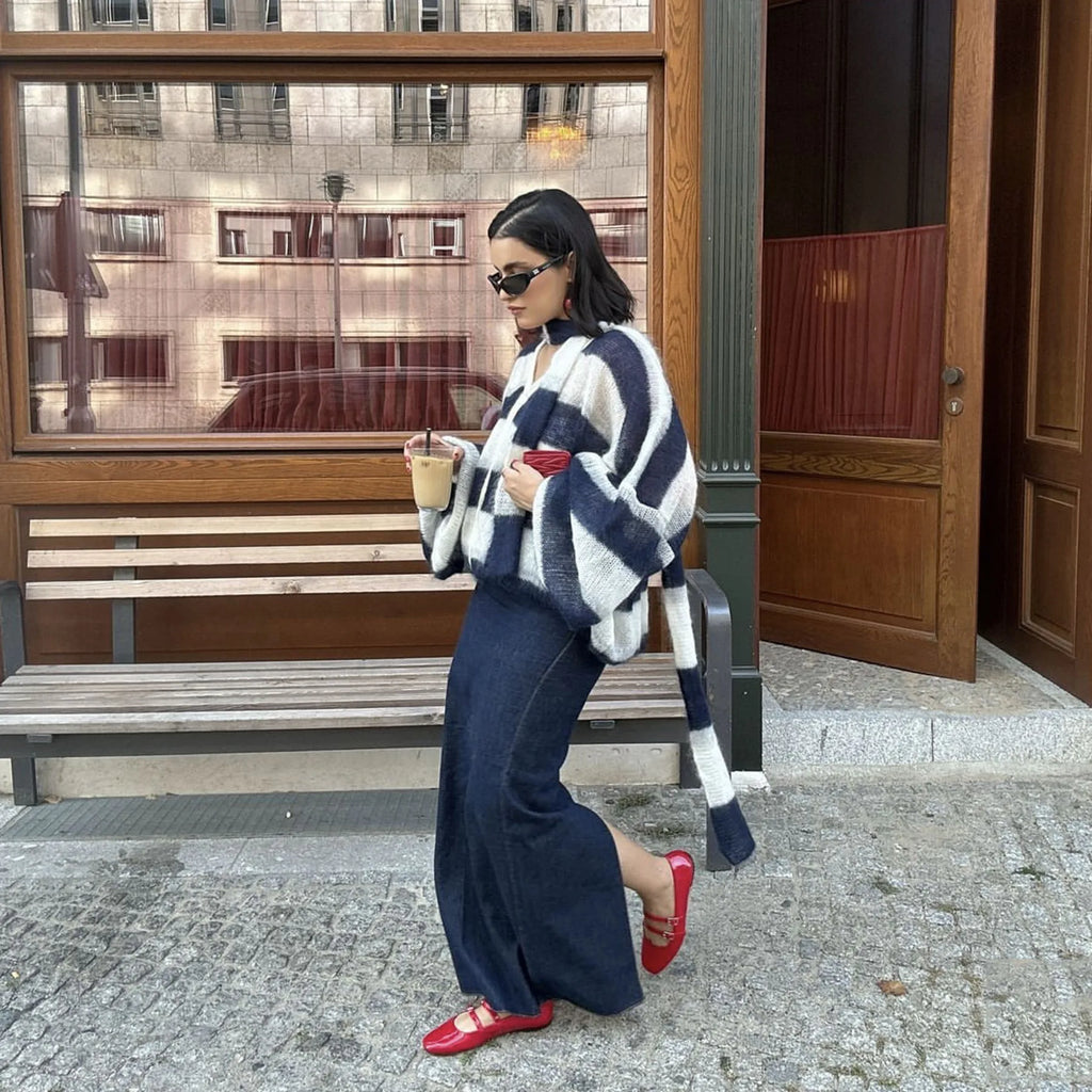 Fantoye Knit Striped Two Piece Sets Cardigan Women Sweater With Scarf Long Sleeve Button Sweater Winter Loose Casual Streetwear