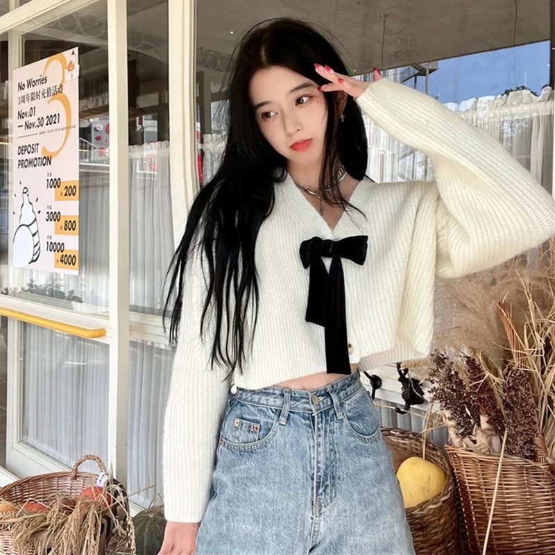 Autumn Sweet Bow Knitted Cardigan Women V-neck Long Sleeve Casual Loose Knitwear