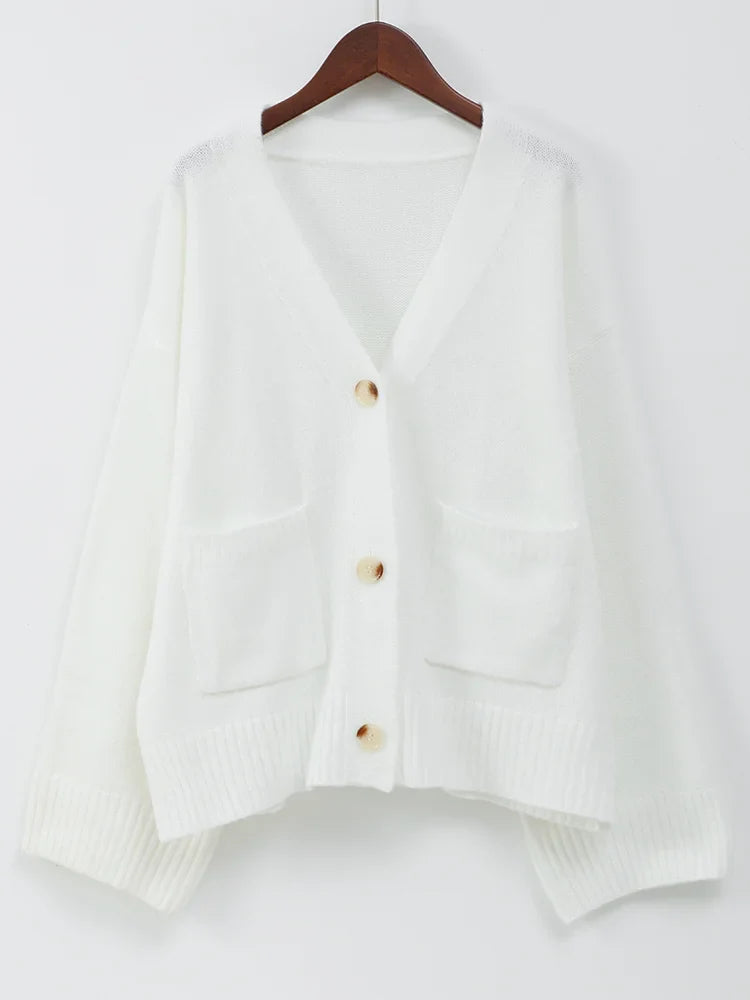 Casual V Neck Single Breasted Knitted Cardigan Women Retro Solid Long Sleeve Pocket Warm Sweater Lady New Commute Loose Knitwear