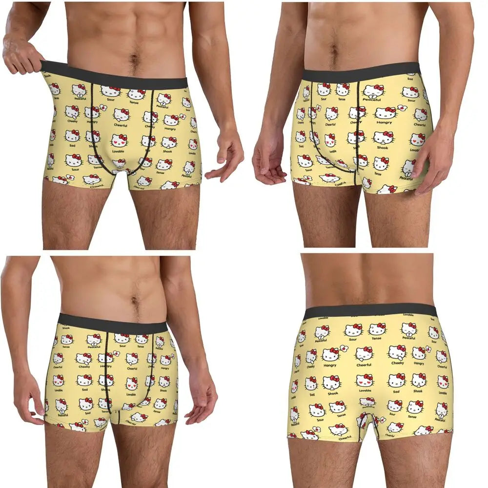 Black Hello Kitty Middle Finger  Underwear Print Trunk Trenky Men's Underpants Elastic Shorts Briefs Gift