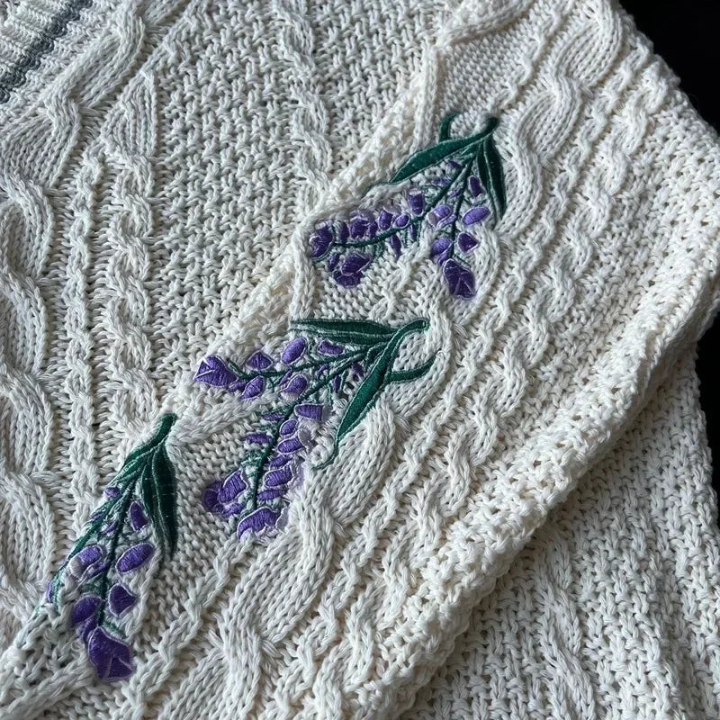 Vintage Purple Flower Embroidery Knitted Cardigan Women Cute Button Up V Neck Long Sleeve Autumn Y2K Aesthetics Retro Sweater