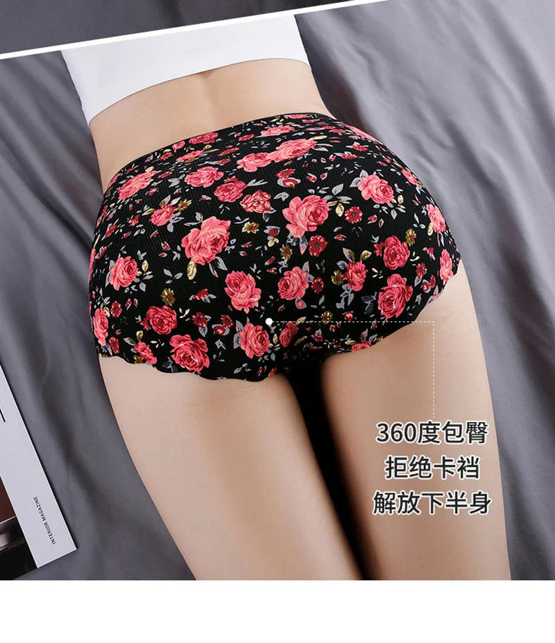 Sexy Women Seamless Underwear High Waist Women's Panties Flower Print Lingerie Ice Silk Intimate Briefs Female Panty Underpants