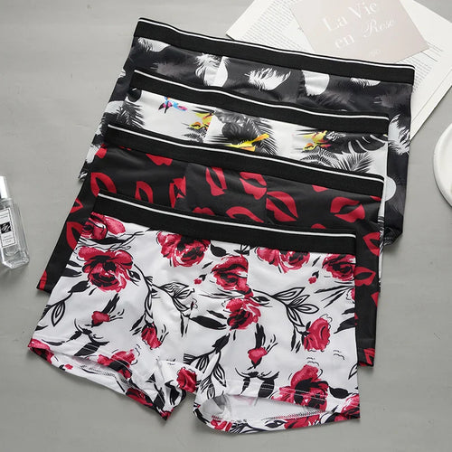 Men's Printed Boxer Briefs Shorts Ice Silk Sexy Seamless Underwear Underpants Ultra-thin Breathable Panties