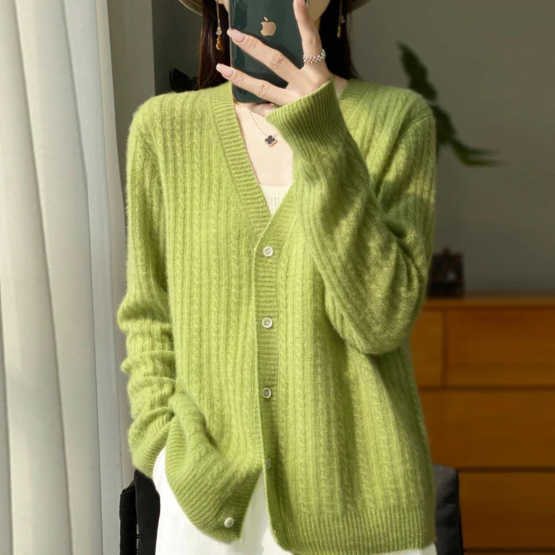 Women's V-Neck 100% Wool Cashmere Cardigan Women's Knit Sweater Spring and Autumn Super Soft Loose Large Size Long Sleeve Shirt