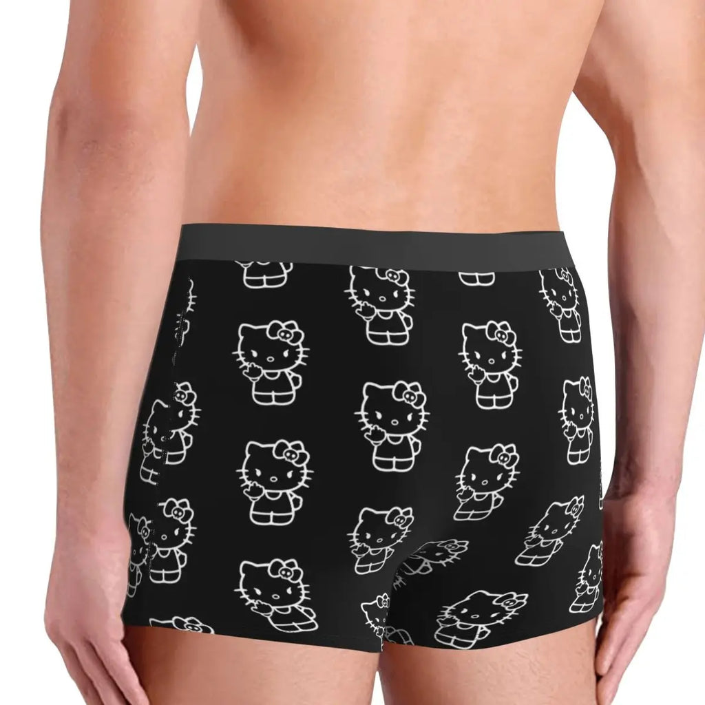 Black Hello Kitty Middle Finger  Underwear Print Trunk Trenky Men's Underpants Elastic Shorts Briefs Gift