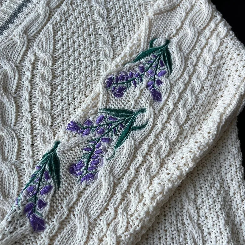 Vintage Purple Flower Embroidery Knitted Cardigan Women Cute Button Up V Neck Long Sleeve Autumn Y2K Aesthetics Retro Sweater