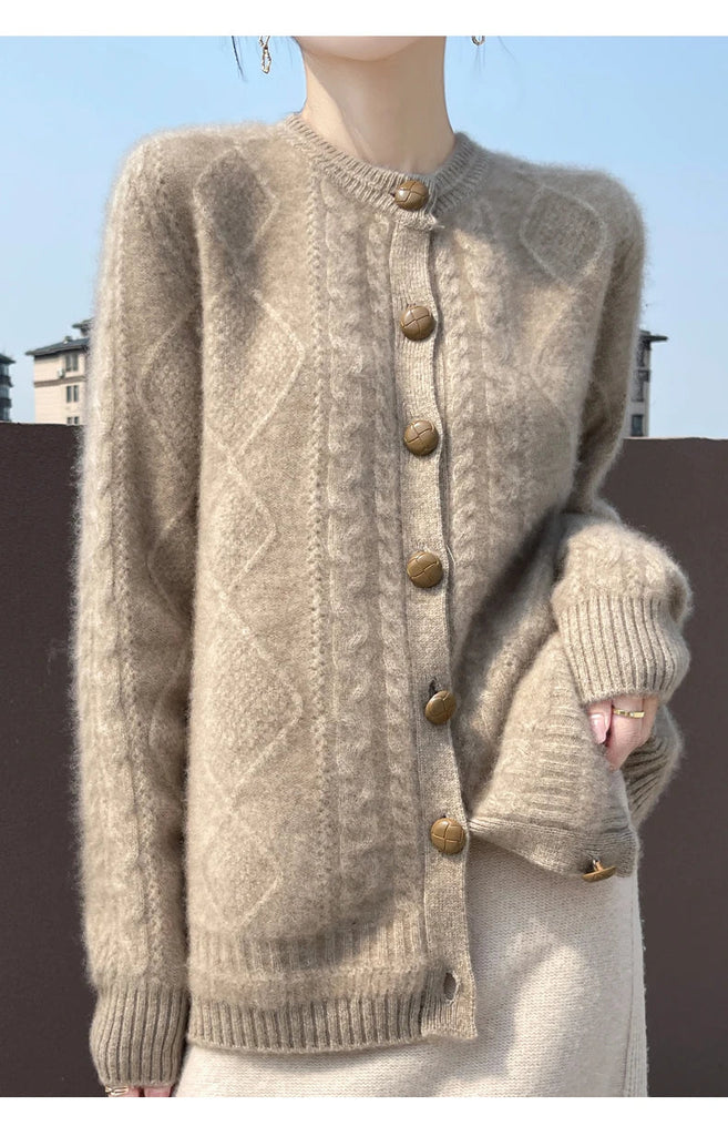Autumn Winter New Thick Sweater For Women 100% Merino Wool Cardigan O-Neck Long Sleeve Twist Flower Warm Cashmere Knitwear Tops