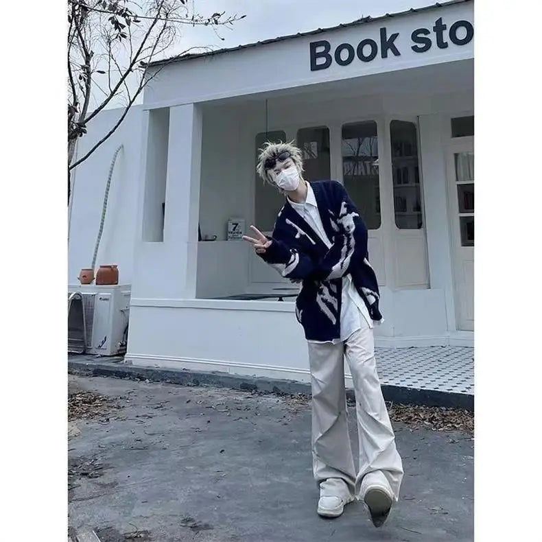 American Vintage Flocking Cardigan Knit Sweater Men's Clothing Loose Oversized Winter Cardigans Coats Y2k Hip-Hop Streetwear