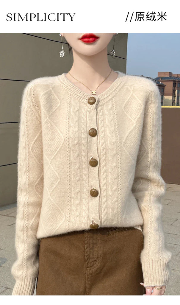 Autumn Winter New Thick Sweater For Women 100% Merino Wool Cardigan O-Neck Long Sleeve Twist Flower Warm Cashmere Knitwear Tops