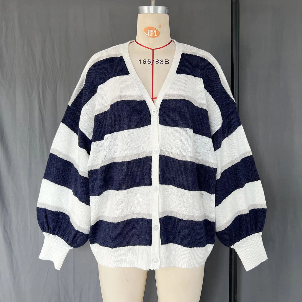 Fantoye Knit Striped Two Piece Sets Cardigan Women Sweater With Scarf Long Sleeve Button Sweater Winter Loose Casual Streetwear