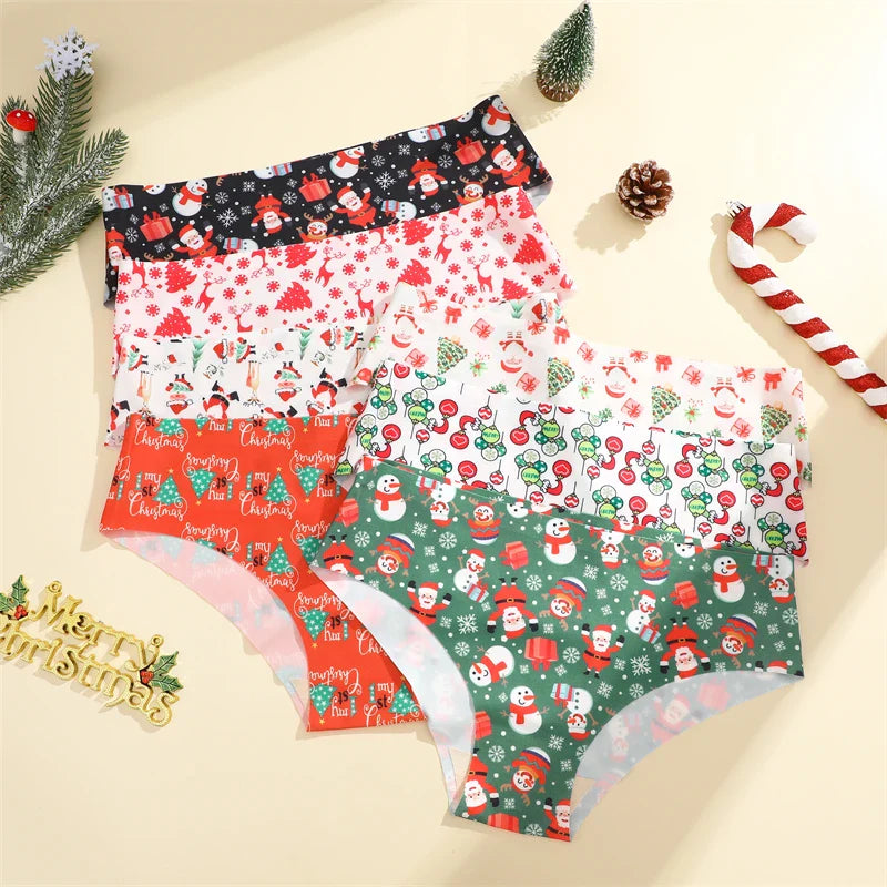 3Pcs/SET Women Seamless Ultra-thin Underwear Santa Claus Printed Panties Sexy Christmas Theme Briefs Comfortable Lingerie XS-XL
