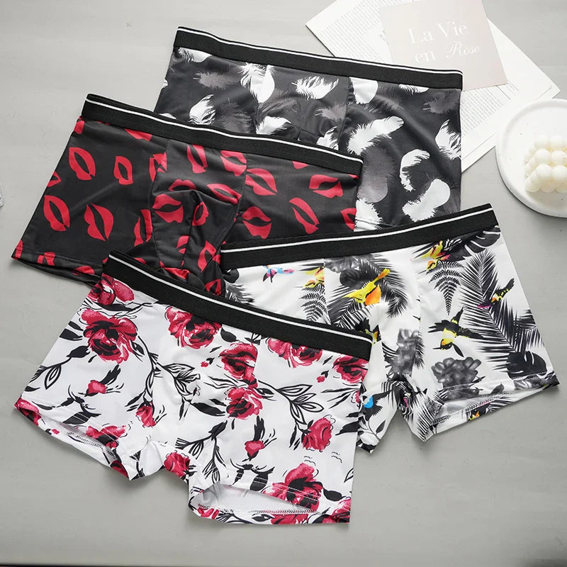 Men's Printed Boxer Briefs Shorts Ice Silk Sexy Seamless Underwear Underpants Ultra-thin Breathable Panties