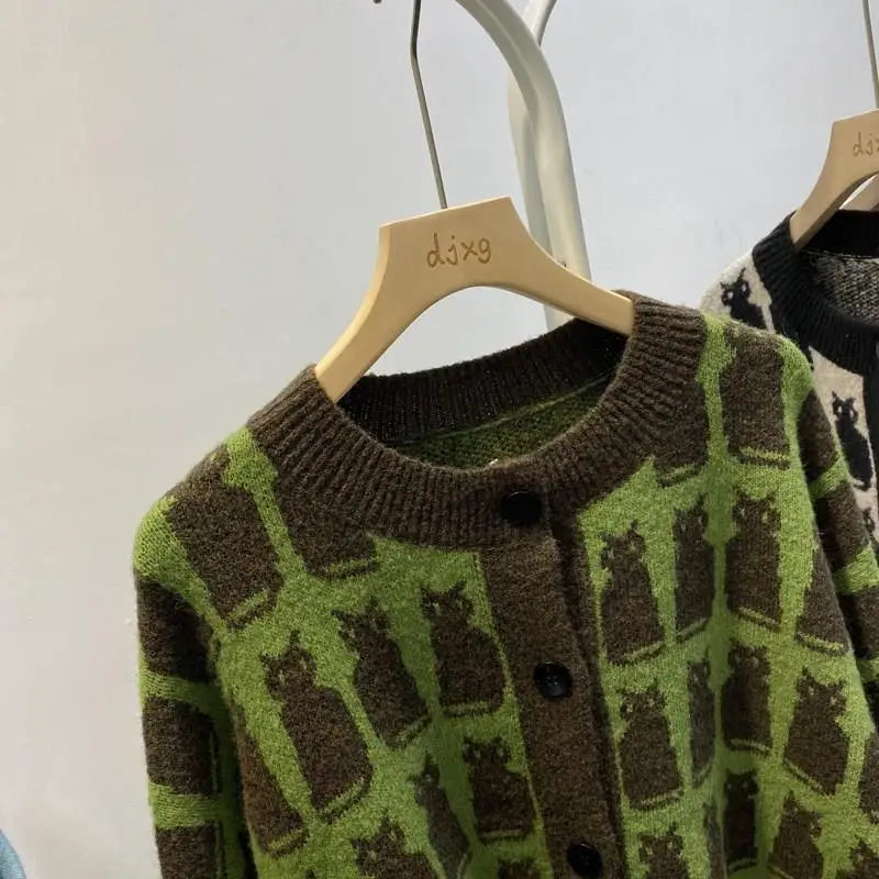 Woherb 2024 New Sweaterscoat Women Cute Cat Print Knitted Cardigan O-neck Sweet Sueter Fashion Loose Casual Jackets Pull Femme