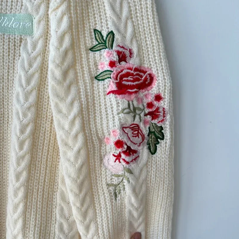 Beige V-neck Embroidery Knitted Cardigan Sweater Women Flower All-match Warm Women's Clothing Winter Single Breasted Cardigans