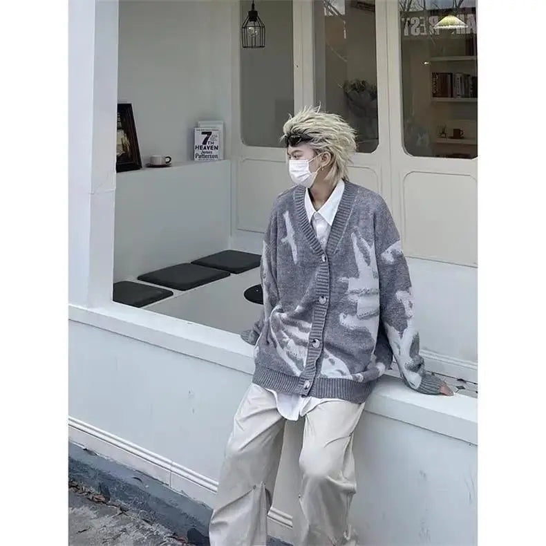 American Vintage Flocking Cardigan Knit Sweater Men's Clothing Loose Oversized Winter Cardigans Coats Y2k Hip-Hop Streetwear