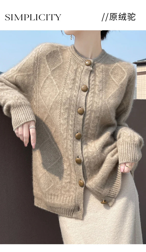Autumn Winter New Thick Sweater For Women 100% Merino Wool Cardigan O-Neck Long Sleeve Twist Flower Warm Cashmere Knitwear Tops