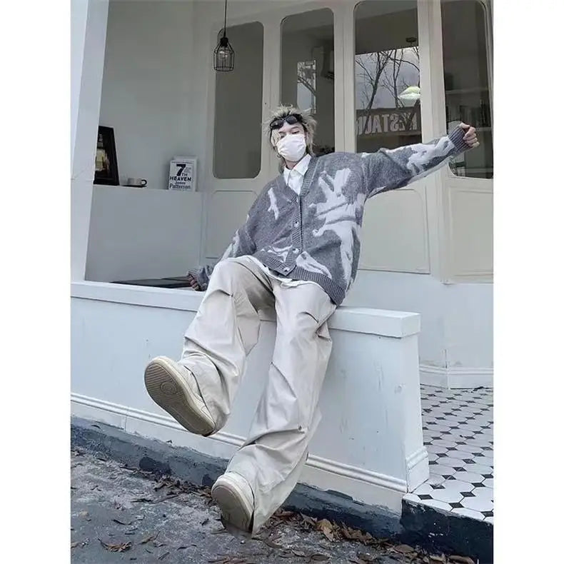 American Vintage Flocking Cardigan Knit Sweater Men's Clothing Loose Oversized Winter Cardigans Coats Y2k Hip-Hop Streetwear
