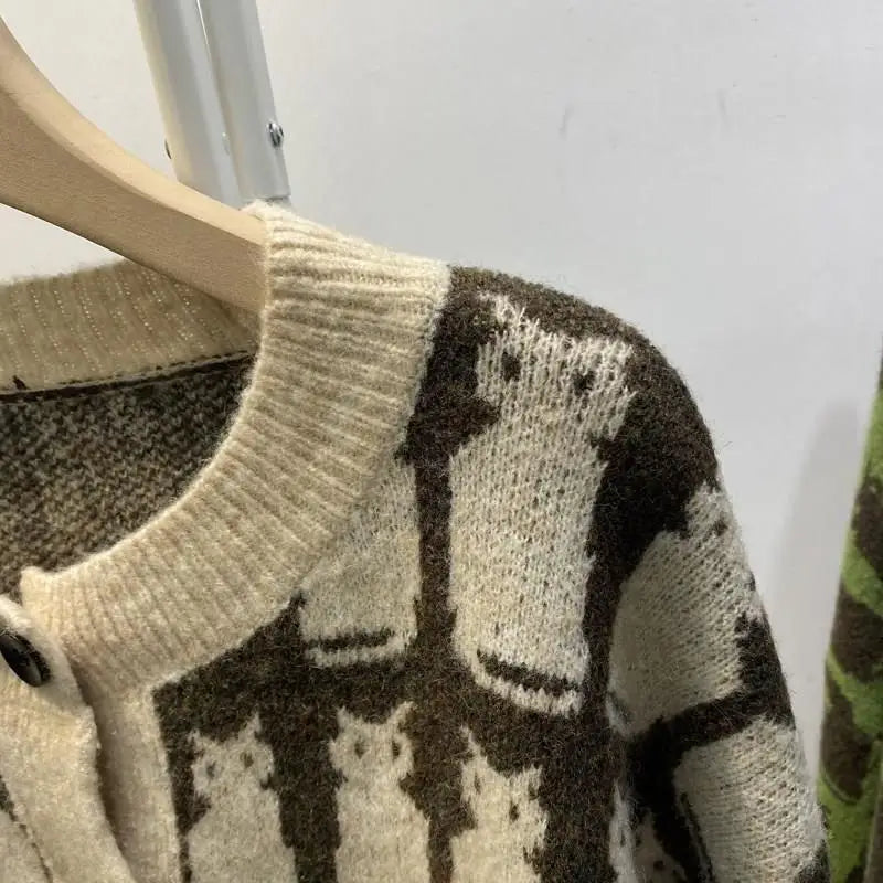 Woherb 2024 New Sweaterscoat Women Cute Cat Print Knitted Cardigan O-neck Sweet Sueter Fashion Loose Casual Jackets Pull Femme