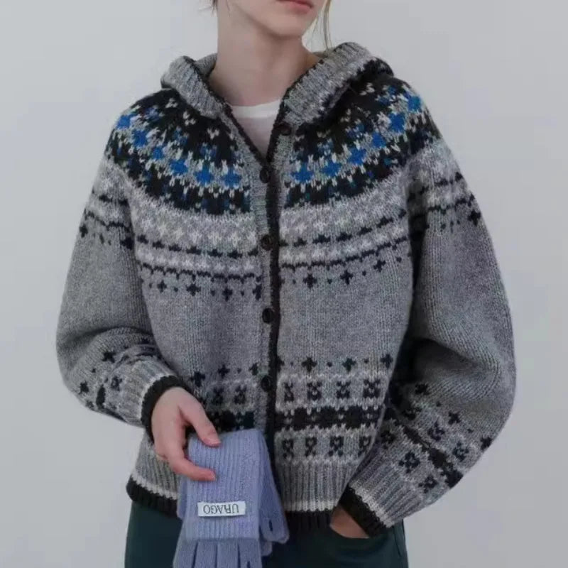 Harajuku Retro Sweater Jacquard Hooded Sweater Jacket Autumn Winter Single Breasted Design Thick Lazy Style Knitted Cardigan
