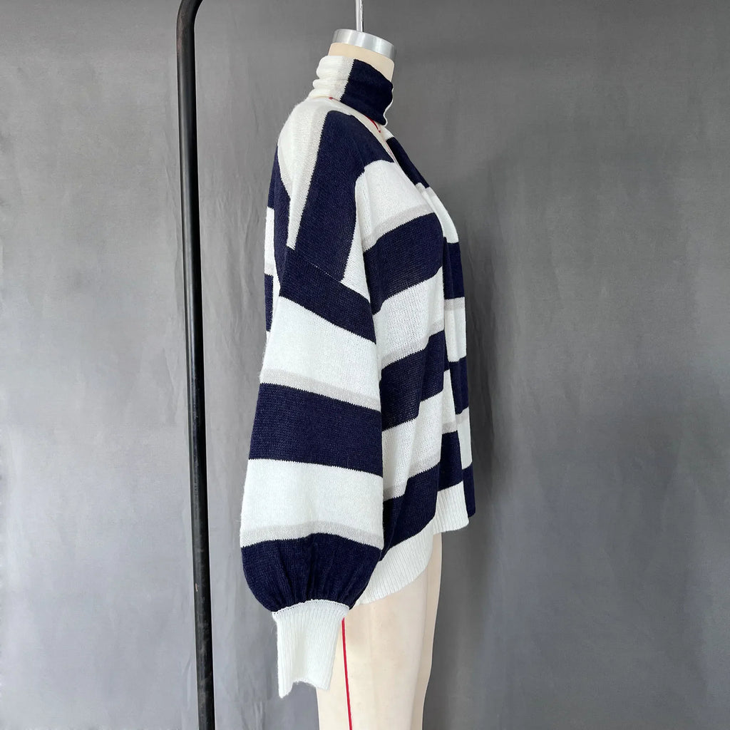 Fantoye Knit Striped Two Piece Sets Cardigan Women Sweater With Scarf Long Sleeve Button Sweater Winter Loose Casual Streetwear