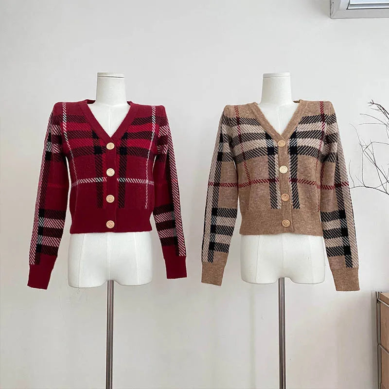 Autumn Winter New Fashion Plaid V-neck Knitted Cardigan Women's Clothing Vintage Slim Soft Wool Sweater Commute Thick Tops