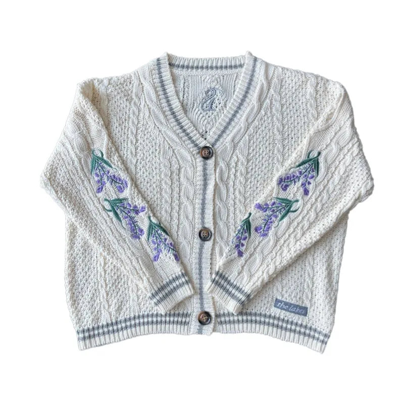 Vintage Purple Flower Embroidery Knitted Cardigan Women Cute Button Up V Neck Long Sleeve Autumn Y2K Aesthetics Retro Sweater