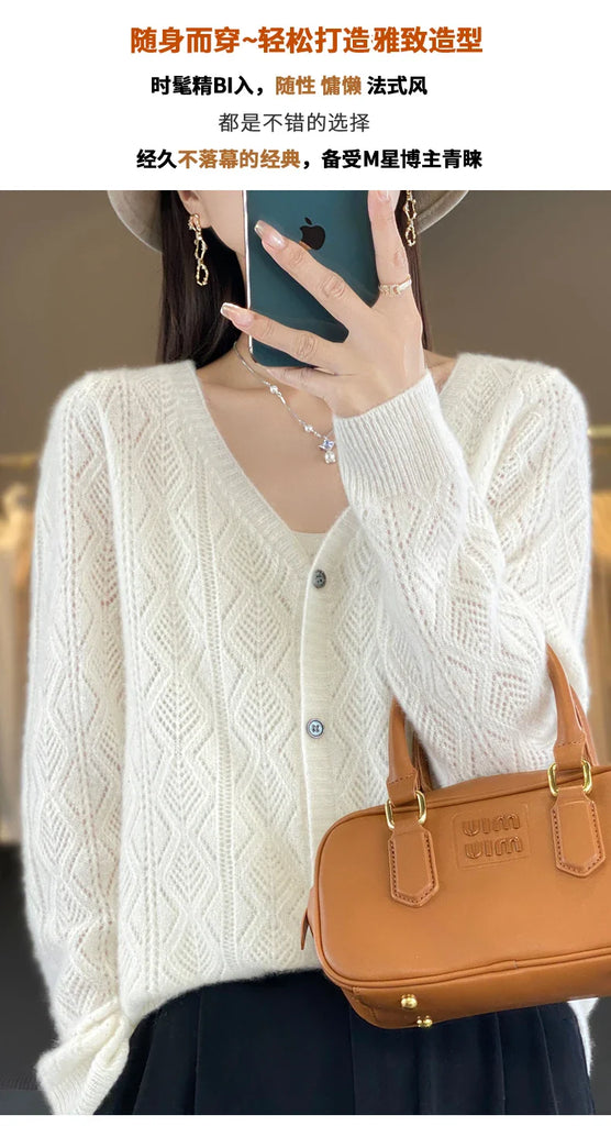 Women's V-Neck Spring and Autumn 100% Wool Cashmere Cardigan Women's Knit Sweater Super Soft Loose Large Size Long Sleeve Shirt