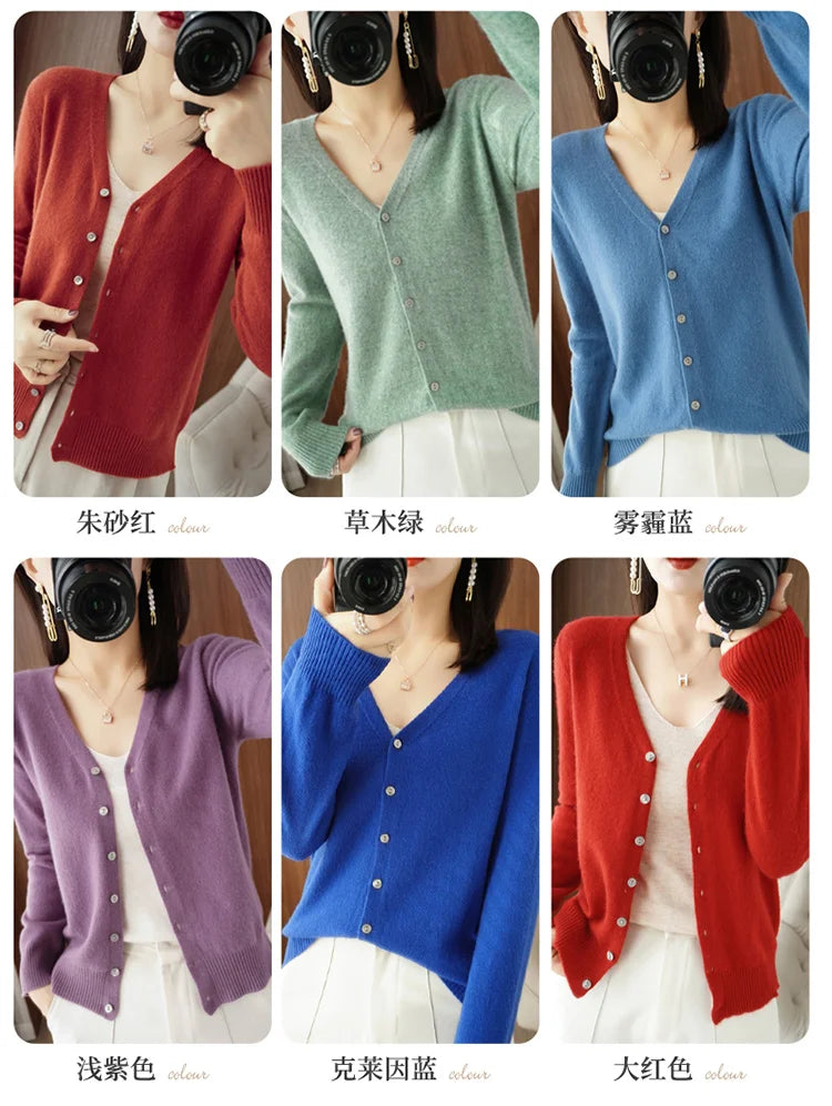 Classic Basic Merino Wool Women Sweater Autum Winter V-Neck Solid Office Lady Knitted Cardigan Long Sleeve Korean Clothing Tops