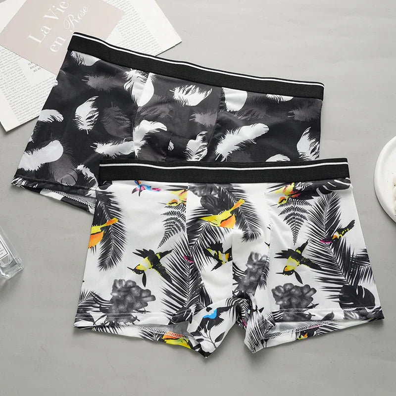 Men's Printed Boxer Briefs Shorts Ice Silk Sexy Seamless Underwear Underpants Ultra-thin Breathable Panties