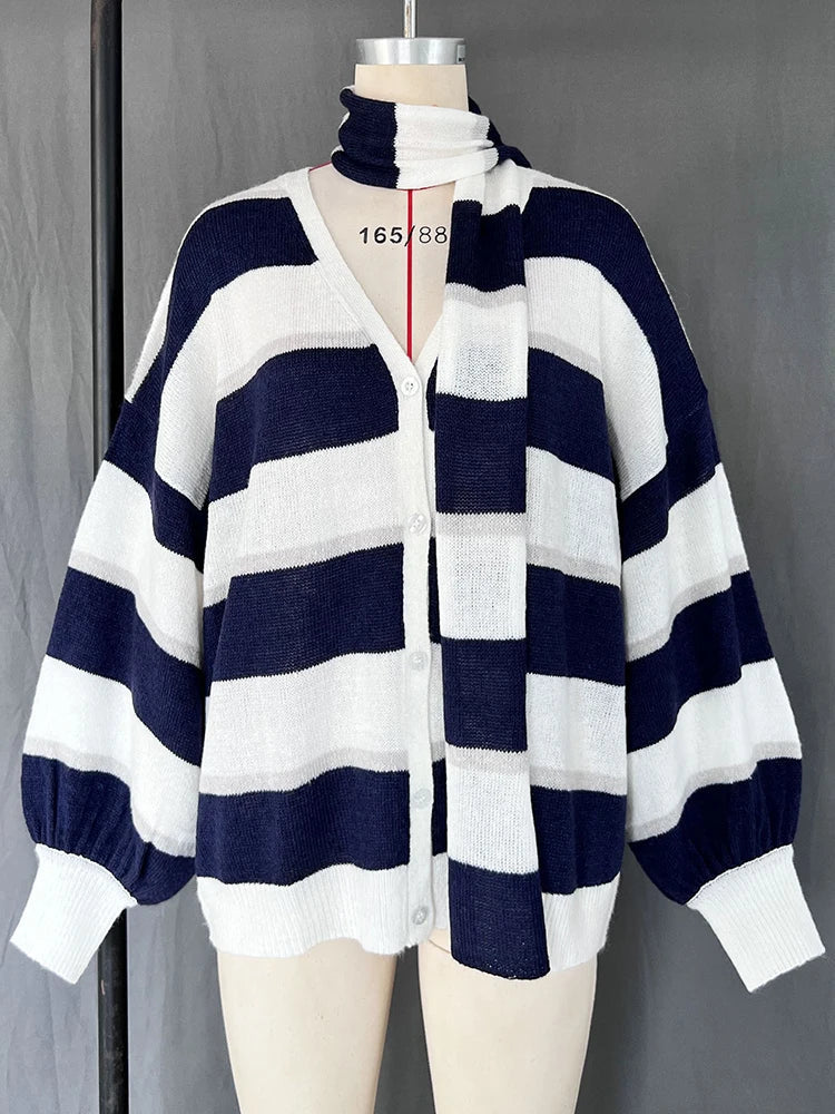 Fantoye Knit Striped Two Piece Sets Cardigan Women Sweater With Scarf Long Sleeve Button Sweater Winter Loose Casual Streetwear