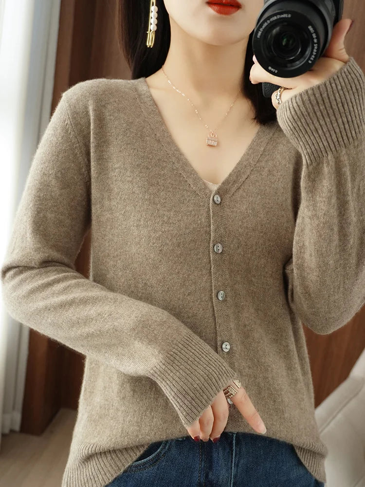 Classic Basic Merino Wool Women Sweater Autum Winter V-Neck Solid Office Lady Knitted Cardigan Long Sleeve Korean Clothing Tops