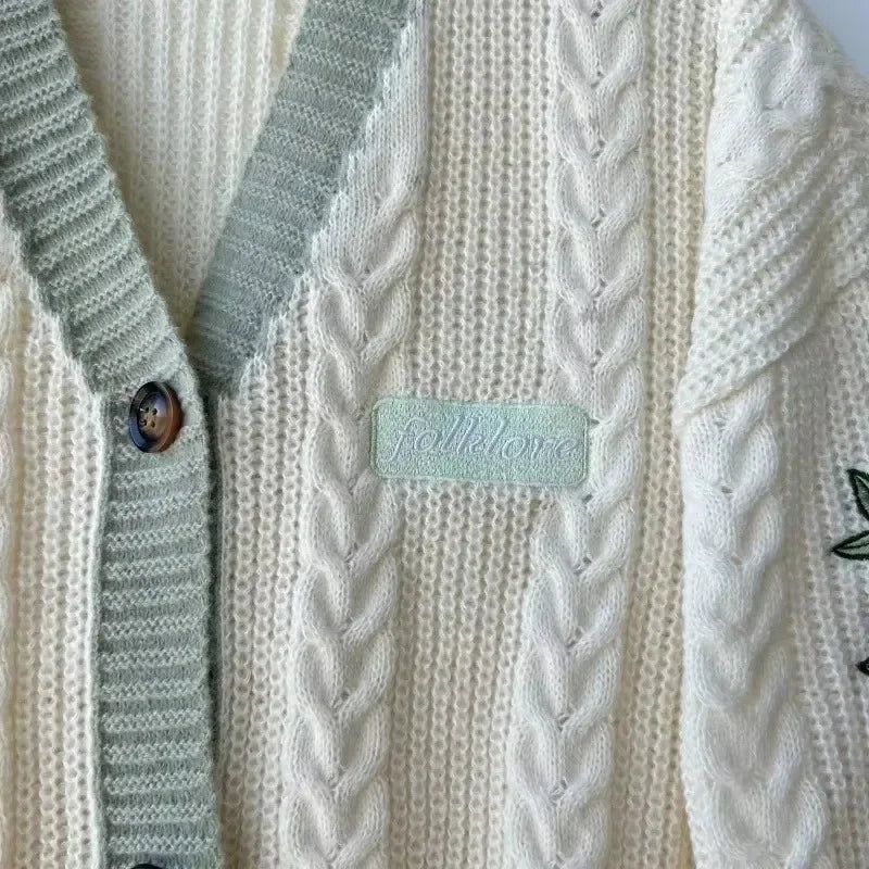 Beige V-neck Embroidery Knitted Cardigan Sweater Women Flower All-match Warm Women's Clothing Winter Single Breasted Cardigans