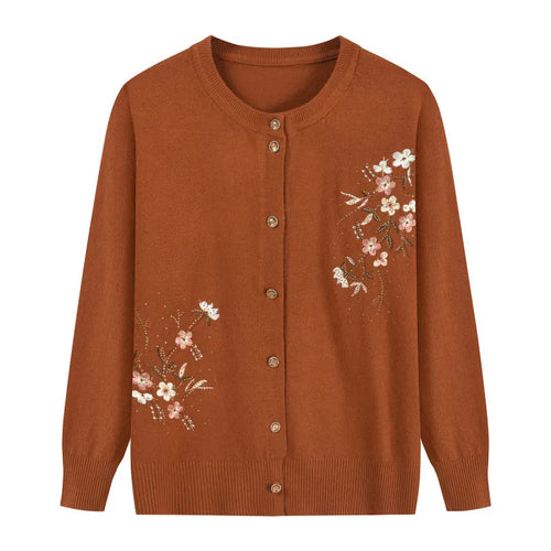 Flower Printing Knitwears Grandma's Autumn Winter Sweater Coat Middle-Aged Mother Cardigan Embroidered Knitting Top For Women