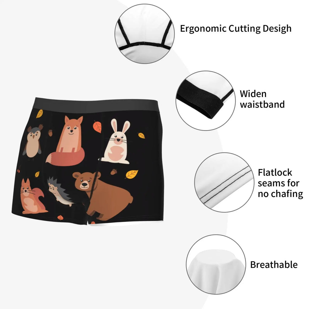 Cute Animals of Forest Shorts Male Underpants Double Sides Printed Soft Breathable Machine Wash Boxers Print Polyester