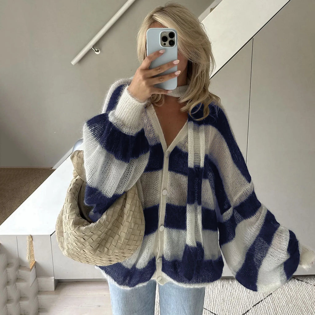 Fantoye Knit Striped Two Piece Sets Cardigan Women Sweater With Scarf Long Sleeve Button Sweater Winter Loose Casual Streetwear