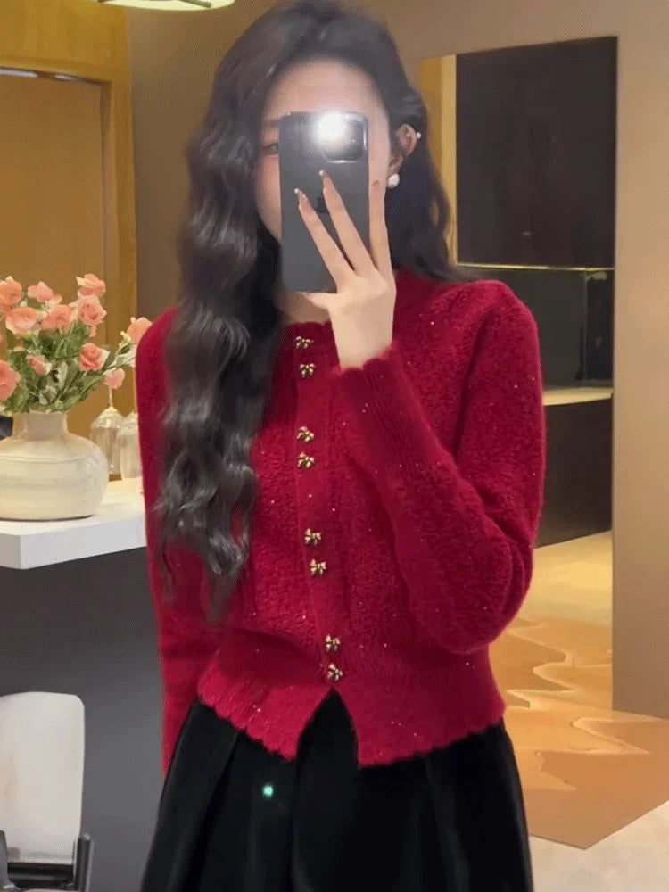 Early Autumn 2024 Red Knitted Cardigan Sweater Jacket Women Short Long Sleeved White Women Cardigan Crop Top pull coreen