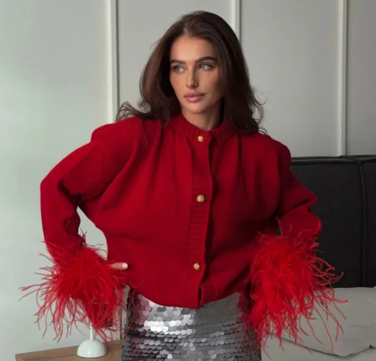 BKQU Feather Patchwork Knitted Cardigan Women Fashion Long Sleeve Single Breasted Short Loose Sweater Coats Elegant Street Tops