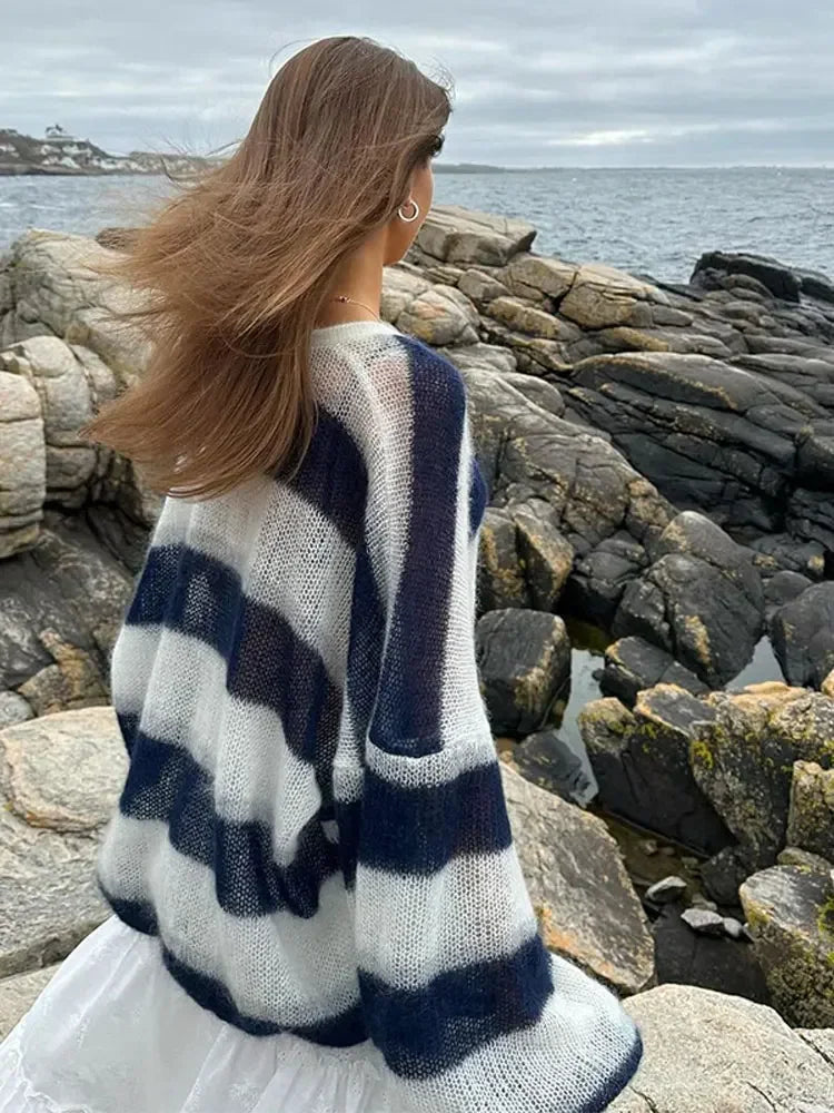 Women Contrast Striped Knitted Cardigan With Scarf Oversize Long Lantern Sleeves Sweater Tops 2024 High Street Lady Knitwear  