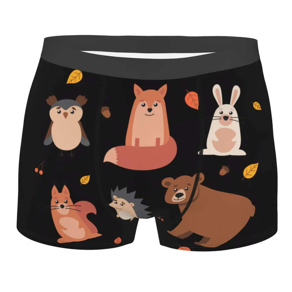 Cute Animals of Forest Shorts Male Underpants Double Sides Printed Soft Breathable Machine Wash Boxers Print Polyester